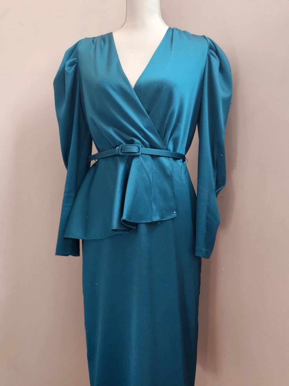 eva mendes for New York & Company Teal Wrap Peplum Long Sleeve Dress